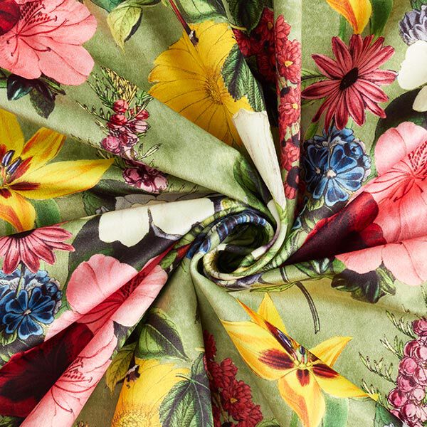 Dekosamt Vintage Blüten – grün/altrosa | Reststück 50cm