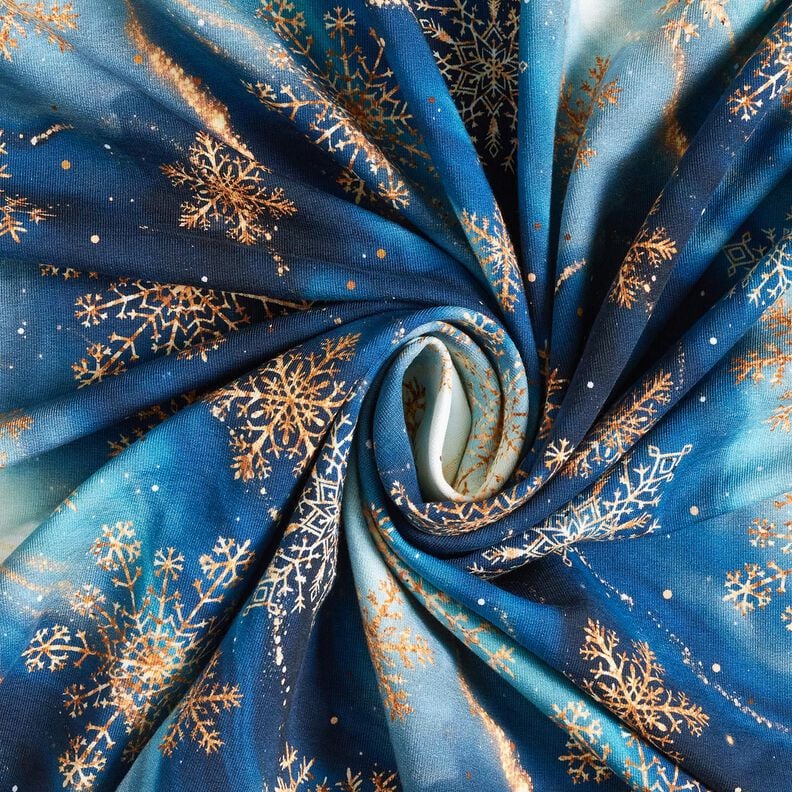 French Terry Sommersweat Schneeflocken Milchstraße | Glitzerpüppi – indigo/altgold, image number 3