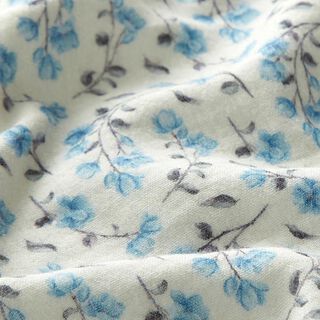 GOTS Musselin/ Doppel-Krinkel Gewebe blaue Blumen Digitaldruck – wollweiss, 