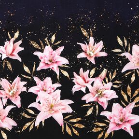 French Terry Sommersweat Bordürenstoff Lilien und Goldsprenkelblätter | Glitzerpüppi –, 