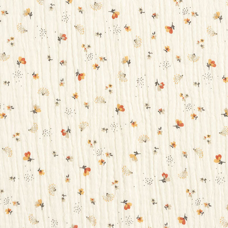 Musselin/ Doppel-Krinkel Gewebe Blümchen und Igel – wollweiss,  image number 1