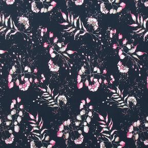 Baumwolljersey Eukalyptus und Hortensien | Glitzerpüppi – nachtblau/rosa, 