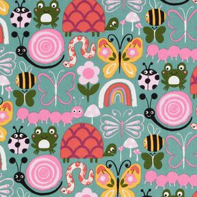 Baumwollstoff Cretonne Schmetterlinge und Bienen – eukalyptus/rosa, 