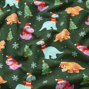 French Terry Sommersweat Baby Dinosaurier in Weihnachtsstimmung | Glitzerpüppi – dunkelgrün/chili, 