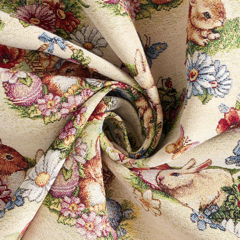 Dekostoff Gobelin Osterhasen im Garten – hellbeige/beere,  image number 3