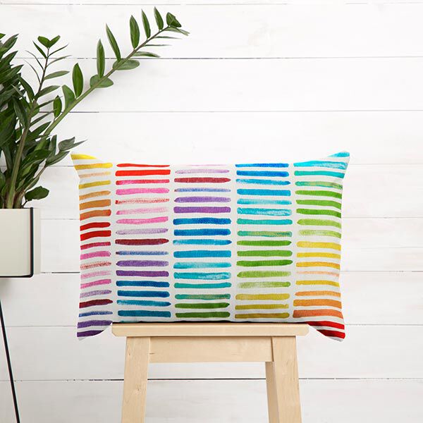 Dekostoff Halbpanama Regenbogenstreifen – weiss | Reststück 100cm