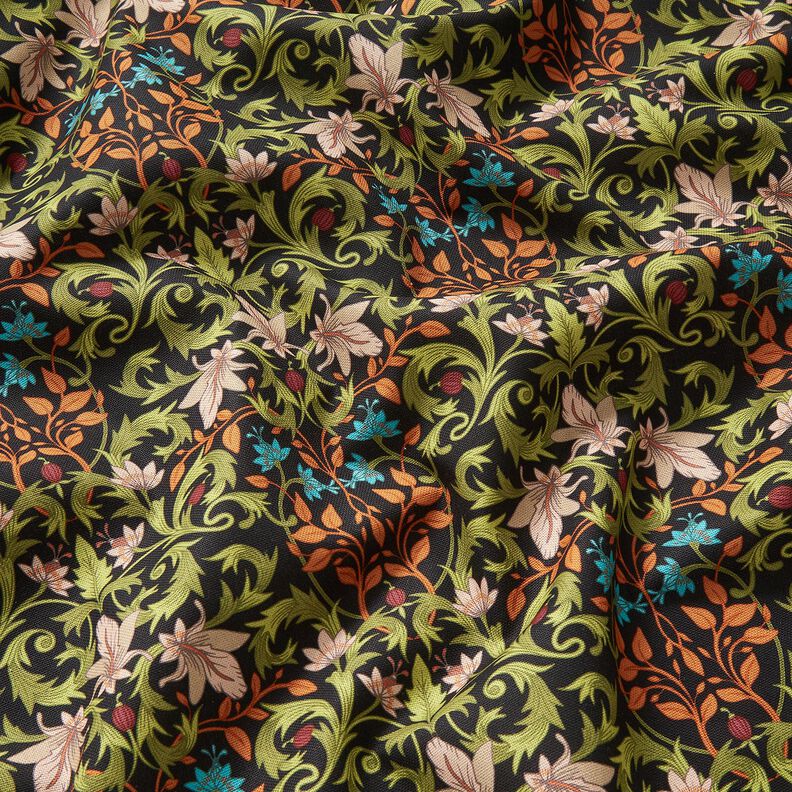 Dekostoff Halbpanama Bl&auml;tterornamente &ndash; schwarz/pinie,  image number 2