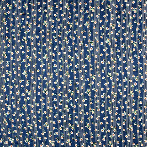 Chiffon Satinstreifen & Blumen – marineblau | Reststück 50cm