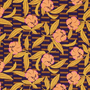 Dekostoff Halbpanama kunterbunte Blumen – aubergine/hellorange, 