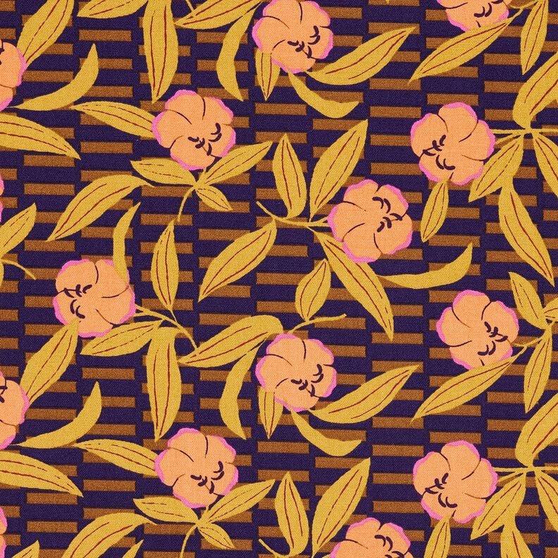 Dekostoff Halbpanama kunterbunte Blumen – aubergine/hellorange, image number 1