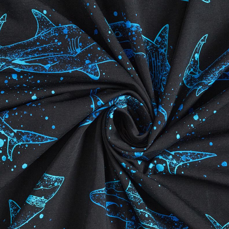 Baumwolljersey Haie | Glitzerpüppi – schwarz/helltürkis,  image number 3