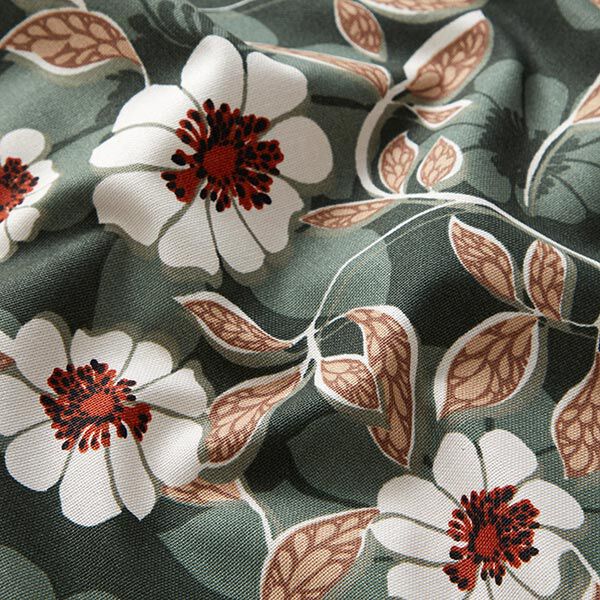 Dekostoff Canvas große Blüten – dunkelgrün/wollweiss | Reststück 100cm