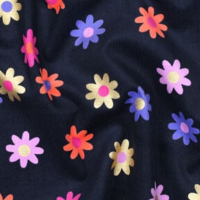 Babycord Blumen mit Glitzerdruck | Poppy Fabrics – marineblau, 