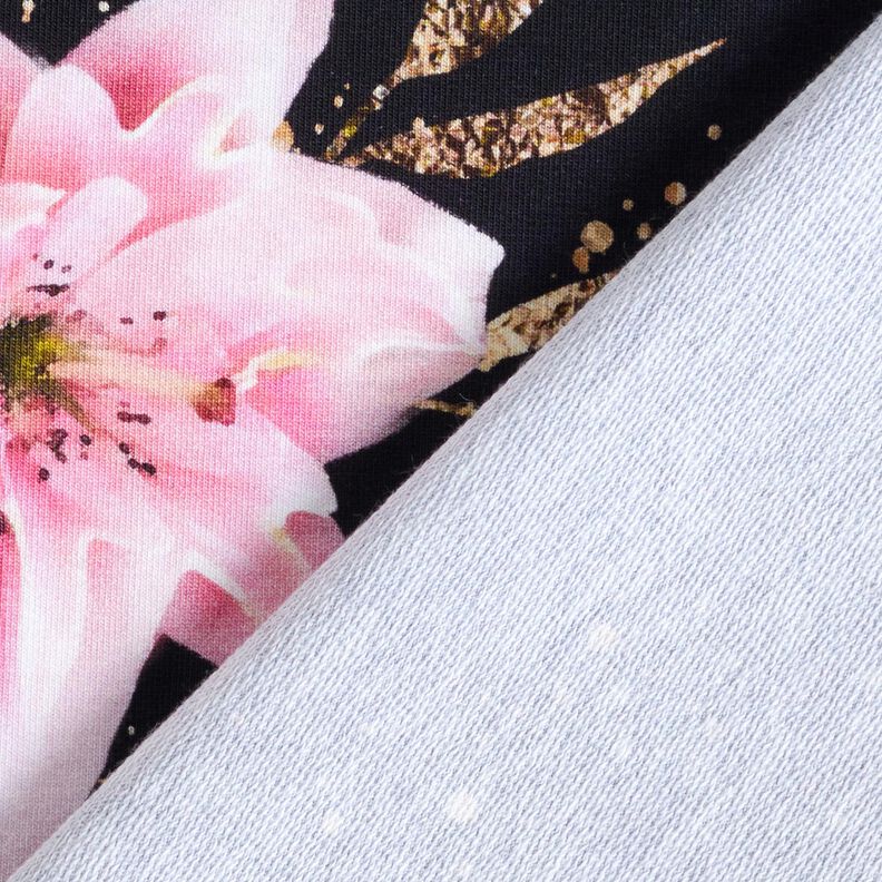 French Terry Sommersweat Bordürenstoff Lilien und Goldsprenkelblätter | Glitzerpüppi –,  image number 5