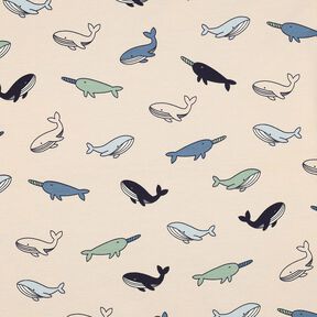 Baumwolljersey süße Wale | Poppy Fabrics – cashew/marineblau, 