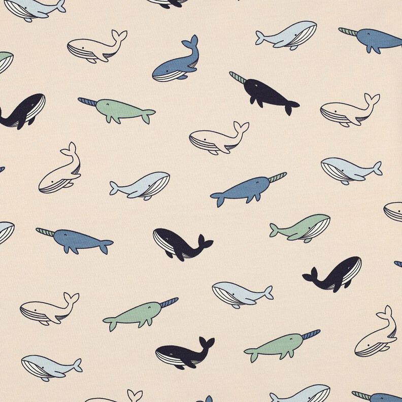 Baumwolljersey süße Wale | Poppy Fabrics – cashew/marineblau,  image number 1