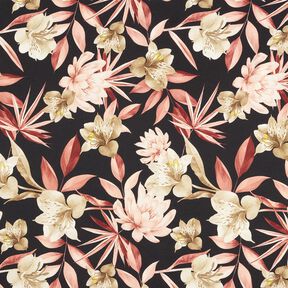 Kreppsatin Magnolien mit Palmblättern – schwarz/beige, 