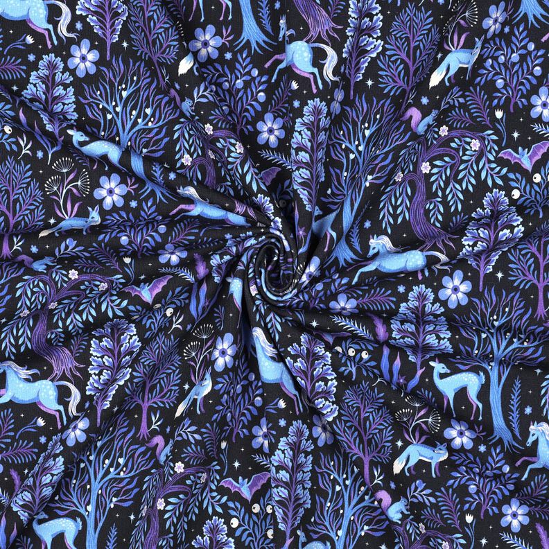 French Terry Sommersweat Märchenwald Digitaldruck | Poppy Fabrics – schwarzblau/rotlila, image number 3