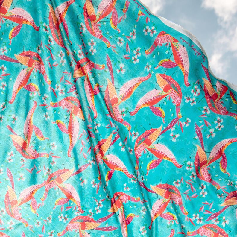 Beachwear Viskosestoff Pfauen und Blumen – aquablau/intensiv pink,  image number 6