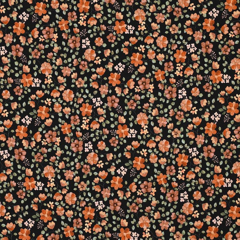 GOTS Baumwolljersey Herbstblumen Digitaldruck – schwarz/pfirsichorange, image number 1