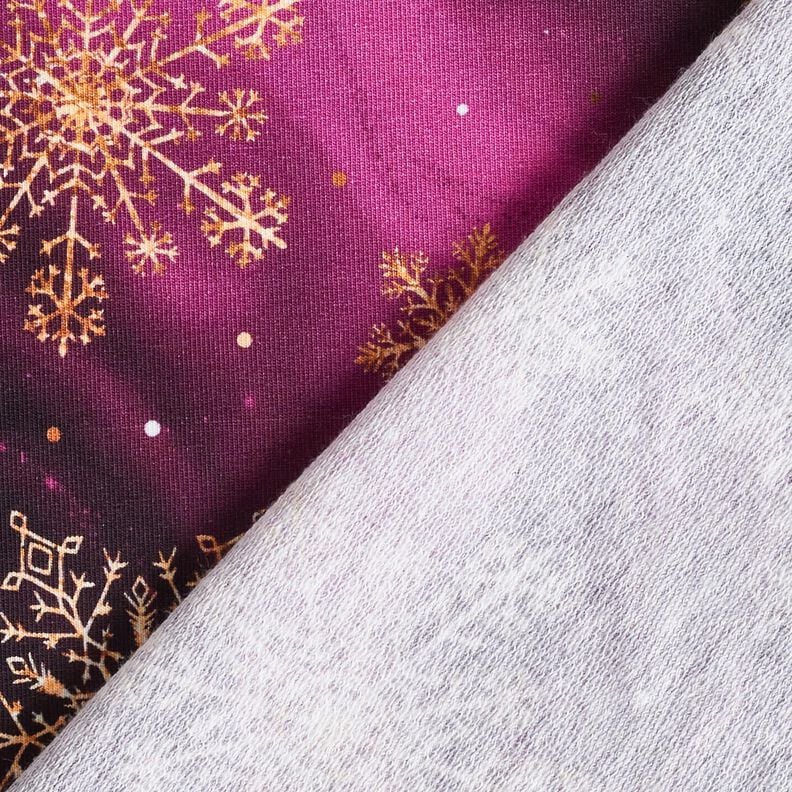 French Terry Sommersweat Schneeflocken Milchstraße | Glitzerpüppi – aubergine/altgold, image number 4