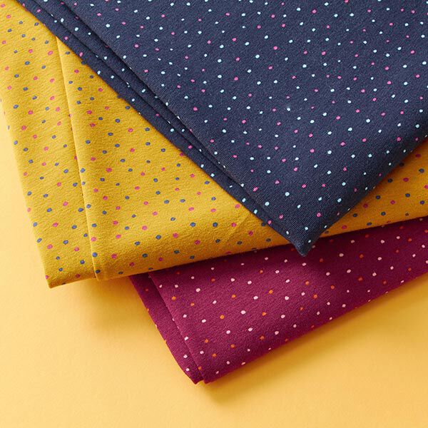 Baumwolljersey bunte Pünktchen – currygelb | Reststück 80cm