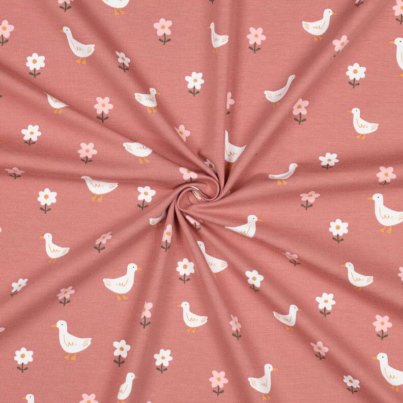 Baumwolljersey Gänse auf der Blumenwiese | Poppy Fabrics – dunkelaltrosa/weiss, image number 3