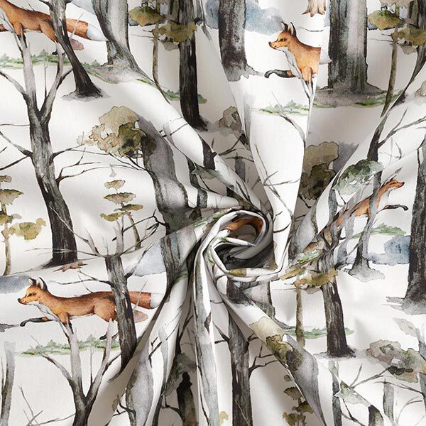 Baumwollpopeline Fuchs im Wald Digitaldruck – weiss