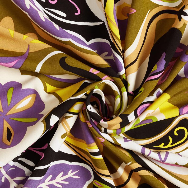 Viskosestoff Retro-Blumen – oliv/lila, image number 3