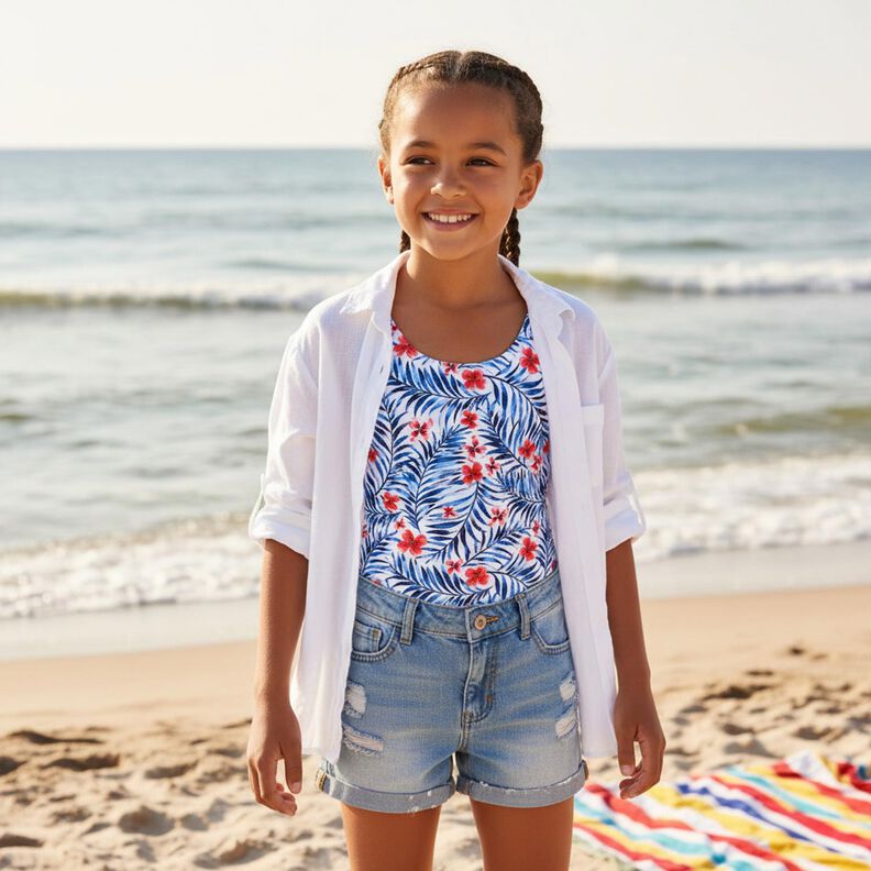 Badeanzugstoff Blumen und Palmenwedel &ndash; weiss/indigo,  image number 6