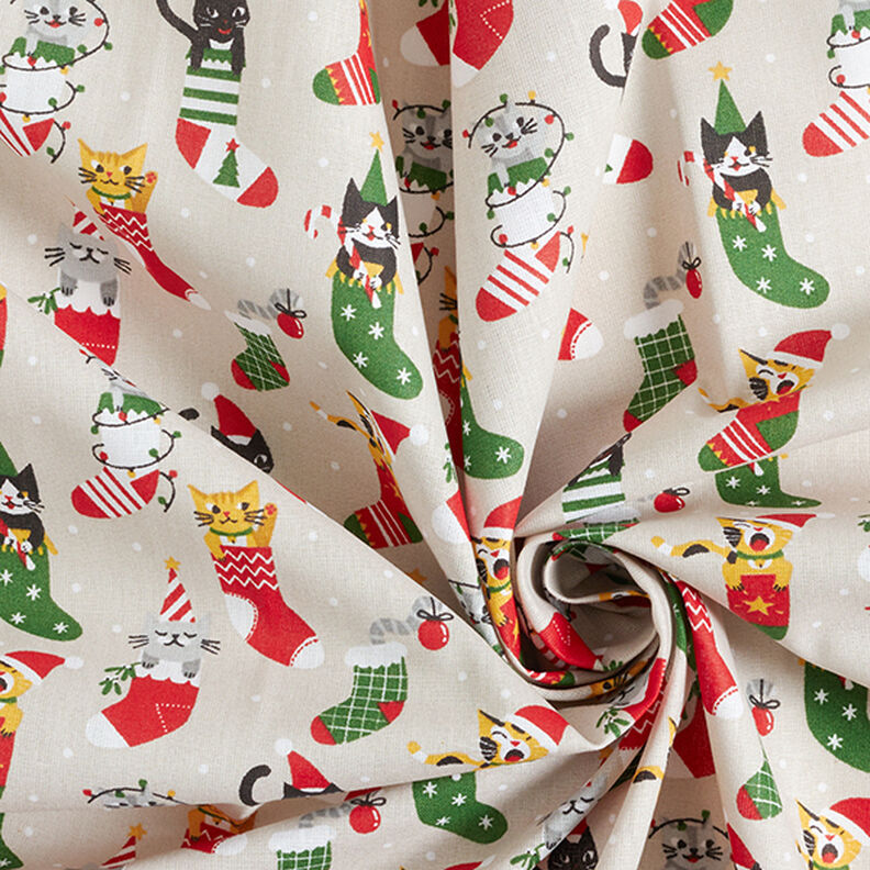 Baumwollstoff Cretonne Weihnachtskatzen – natur, image number 3