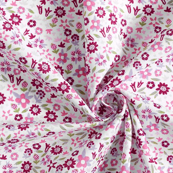 Baumwollpopeline zarte Blumenwiese – wollweiss/purpur | Reststück 50cm