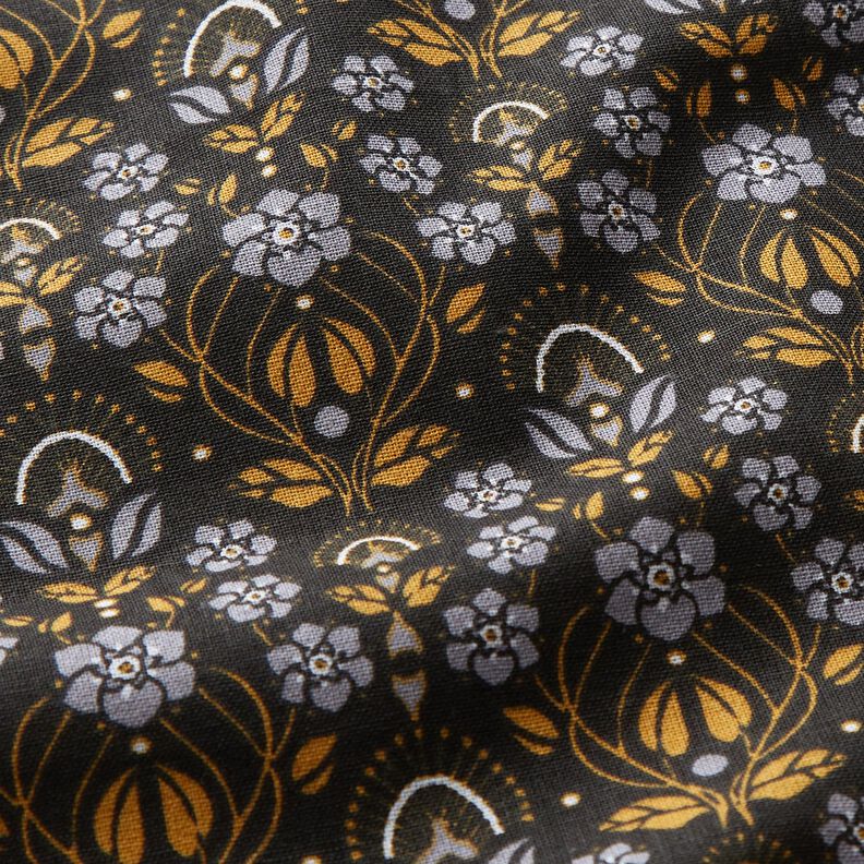 Baumwollstoff Cretonne rankende Blümchen – schwarz/currygelb, image number 2
