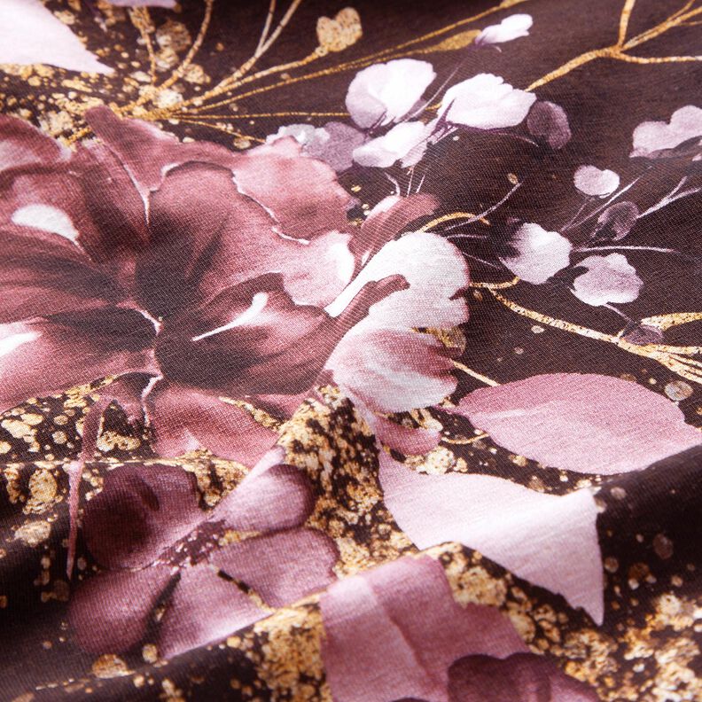 Baumwolljersey Bordürenstoff Blumen im Goldglitzer | Glitzerpüppi – bordeauxrot/pastellflieder, image number 7