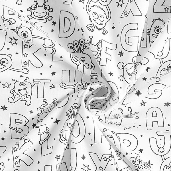 Baumwollpopeline Ausmalstoff Buchstaben-Monster – weiss/schwarz,  image number 3