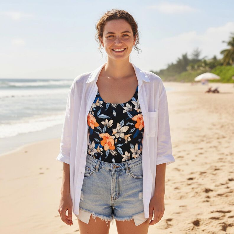 Badeanzugstoff gro&szlig;e Hibiskus-Blumen &ndash; schwarzblau/apricot,  image number 7