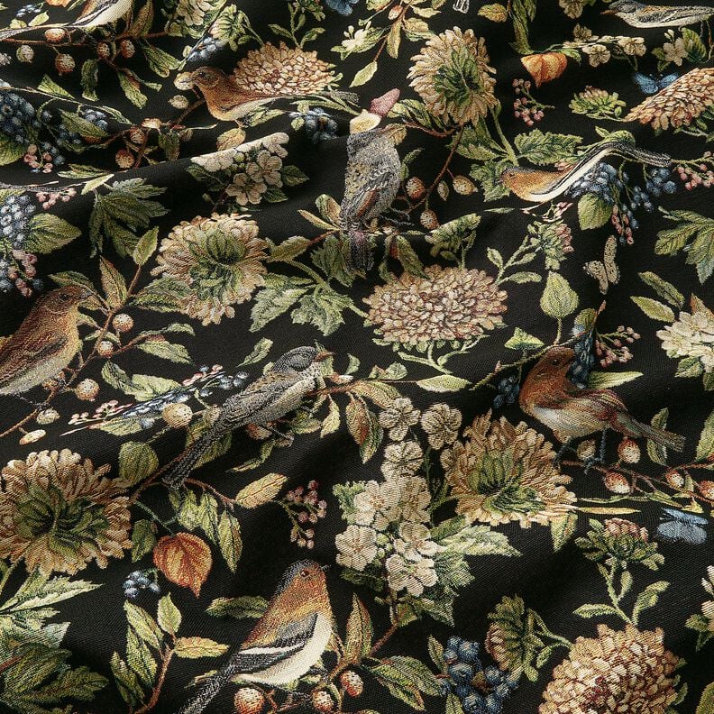 Dekostoff Gobelin Blüten und Vögel – schwarz/grün,  image number 2