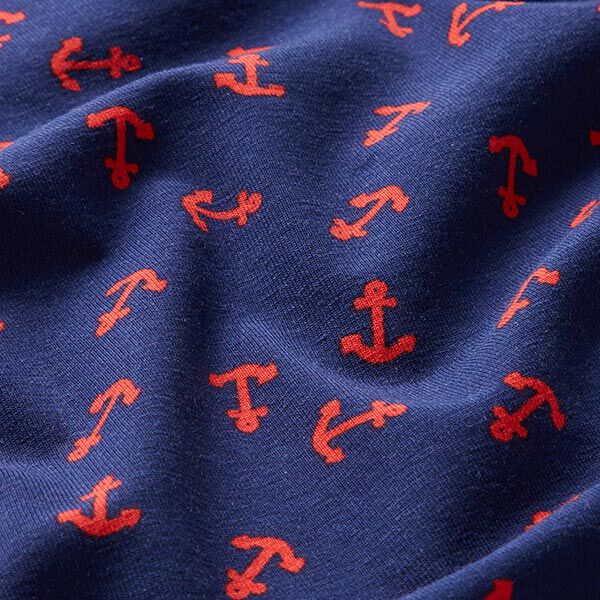 Baumwolljersey kleine Anker – marineblau/feuerrot | Reststück 100cm