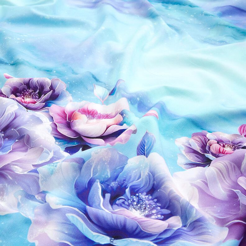 Baumwolljersey Summertime Blossoms | Glitzerpüppi – himmelblau/lavendel, image number 2