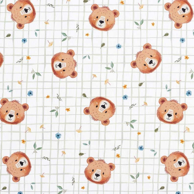 Baumwollpopeline Teddys auf Karomuster Digitaldruck – weiss/schilf, image number 1