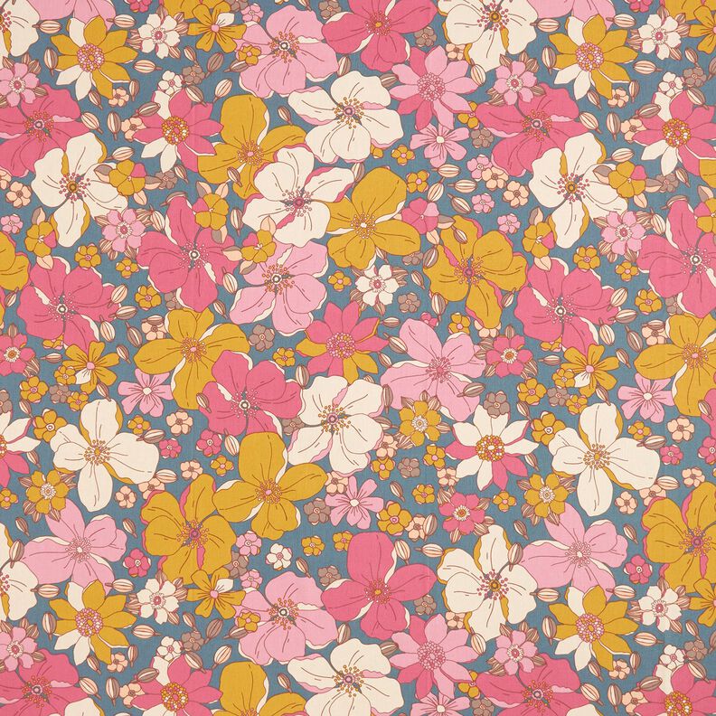 Baumwollstoff Cretonne große Blütenpracht – blaugrau/pink, image number 1