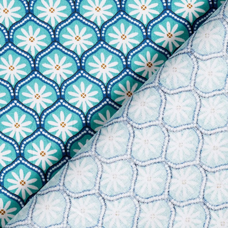 Beschichtete Baumwolle Blumenkacheln – aquablau/weiss,  image number 4