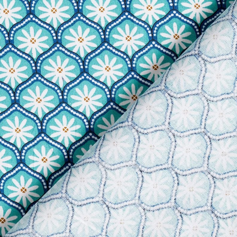 Beschichtete Baumwolle Blumenkacheln – aquablau/weiss, image number 4