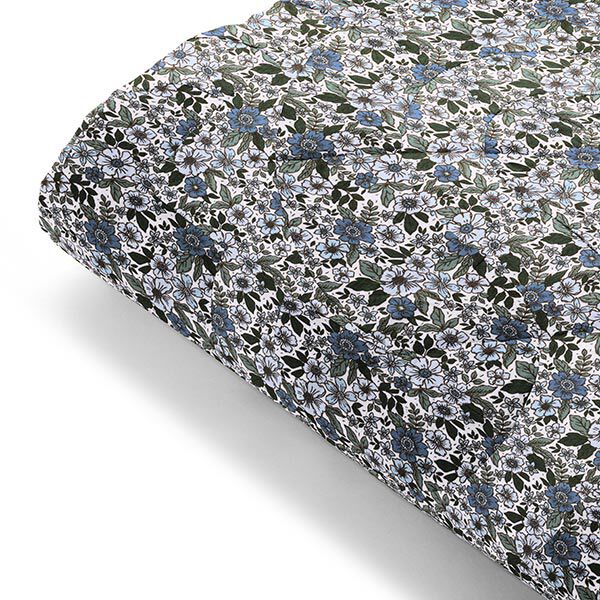 Baumwollpopeline Blumenmeer – wollweiss/jeansblau | Reststück 50cm