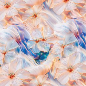 Viskosestoff Blumen und Wellen Digitaldruck – apricot/flieder, 