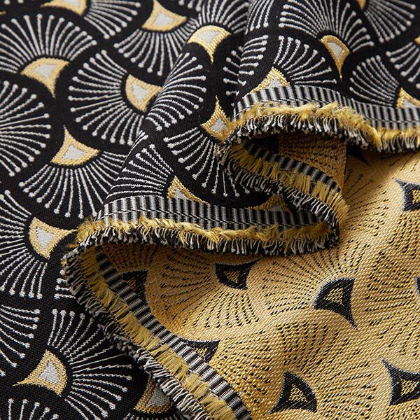 Dekostoff Jacquard kleine Fächer – schwarz/gold | Reststück 100cm