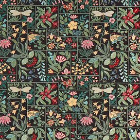 Dekostoff Gobelin Blumen-Kacheln – schwarz, 