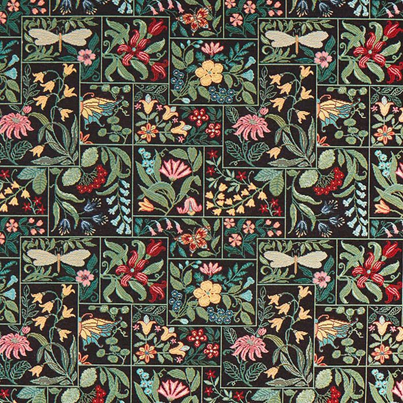 Dekostoff Gobelin Blumen-Kacheln – schwarz, image number 1