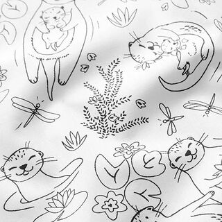 Baumwollpopeline Ausmalstoff süße Otter im Teich – weiss/schwarz, 