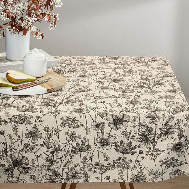 Dekostoff Halbpanama Blumen und Gräser – natur/schwarz,  image number 7